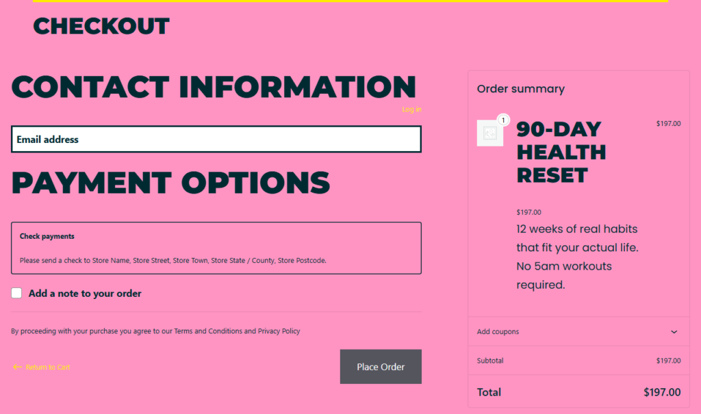 Simplified checkout page showing clean form with minimal fields