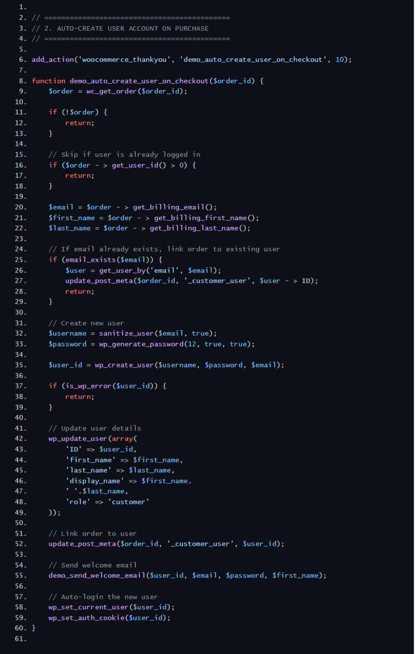 Code snippet showing automatic account creation function