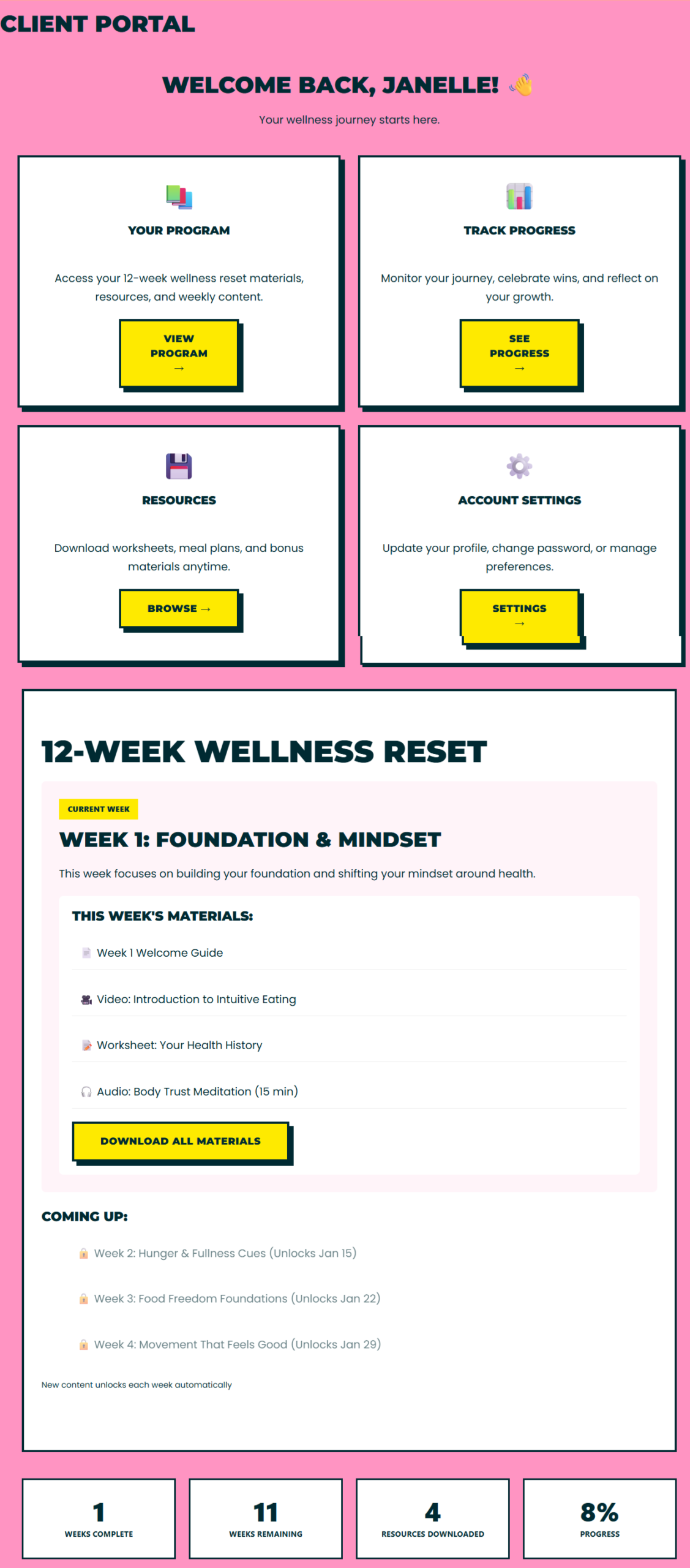 Client portal dashboard showing program materials and navigation