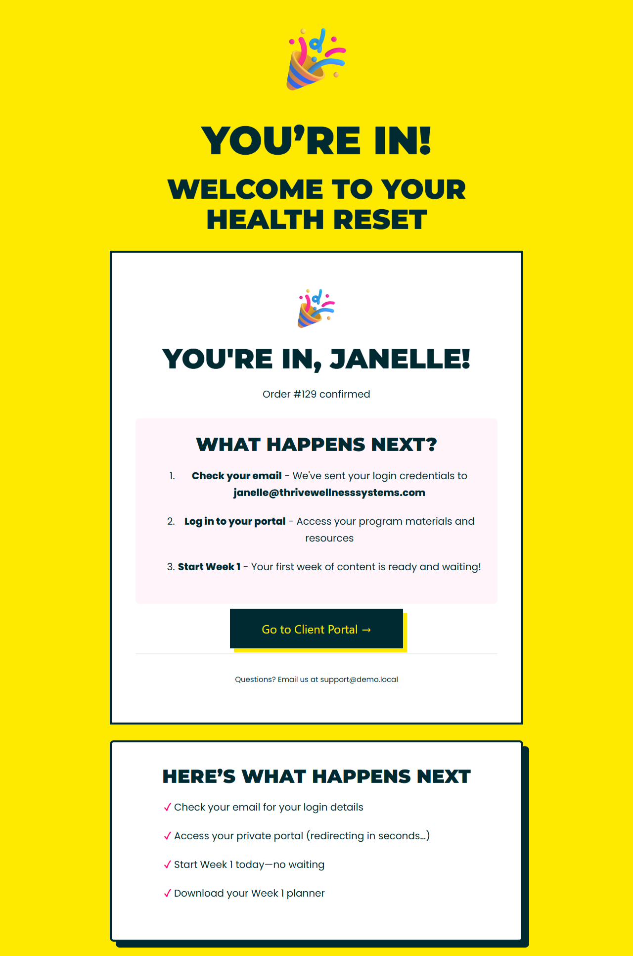 Thank you page showing order confirmation and next steps