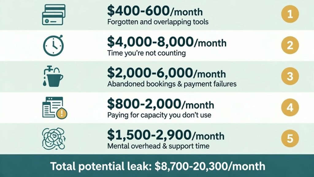 Infographic showing 5 profit leaks in wellness practices: subscription creep $400-600/month, manual work time $4,000-8,000/month, revenue leaks from abandoned bookings $2,000-6,000/month, tool overkill $800-2,000/month, and complexity tax $1,500-2,900/month, totaling $8,700-20,300 potential monthly leak