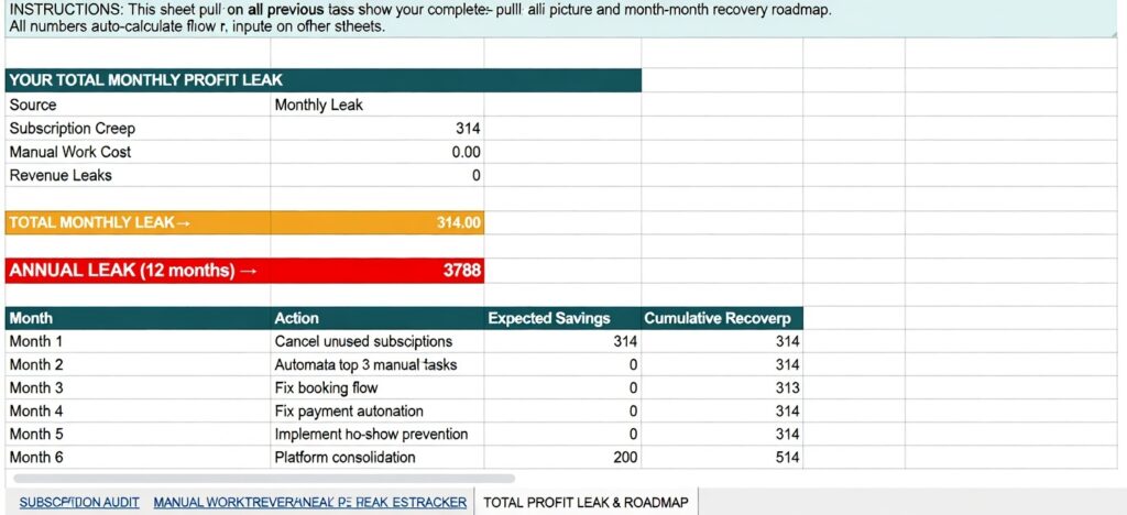 Screenshot of Wellness Practice Profit Leak Calculator Google Sheet showing total monthly profit leak calculation, recovery roadmap with 6-month action plan including cancel unused subscriptions, automate manual tasks, fix booking flow, fix payment automation, implement no-show prevention, and platform consolidation