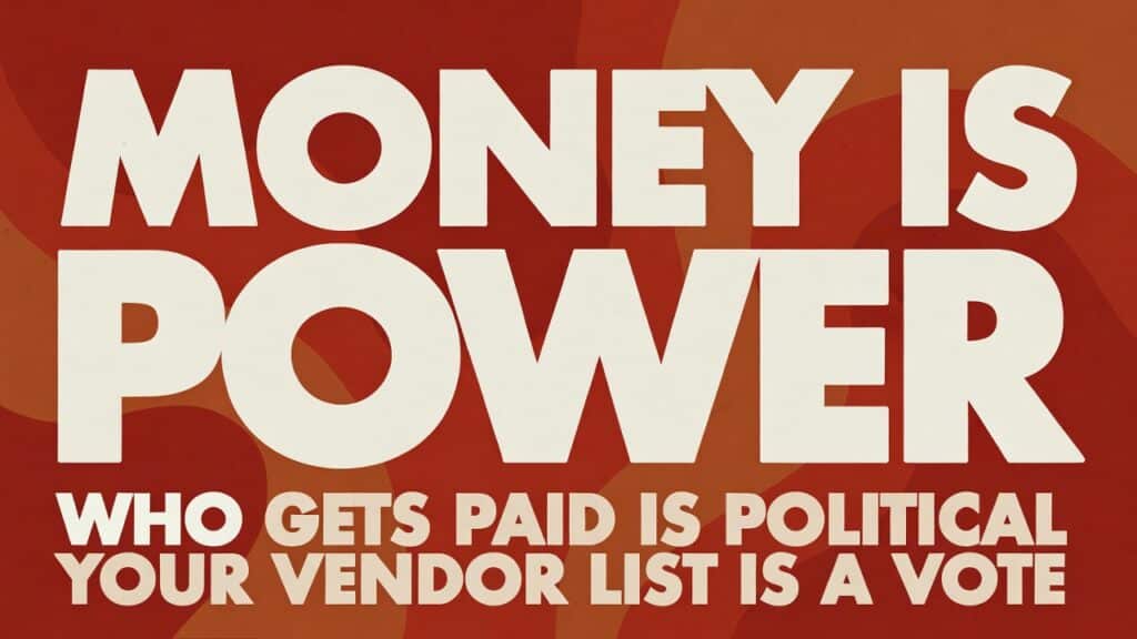 Bold graphic design poster with cream text on red-orange background with retro wave patterns. Large text reads 'MONEY IS POWER' across the top, with 'WHO GETS PAID IS POLITICAL' and 'YOUR VENDOR LIST IS A VOTE' stacked below in Barbara Kruger-inspired political art style.