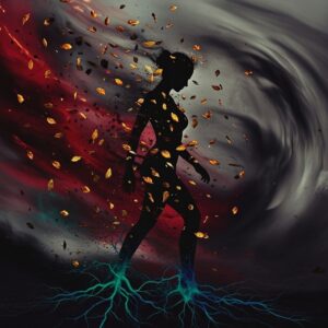 Silhouette of a defiant woman standing in swirling crimson and black storm winds, golden leaves scattering and burning at the edges, strong teal and blue roots anchoring her feet to the ground, representing resilience amid chaos.