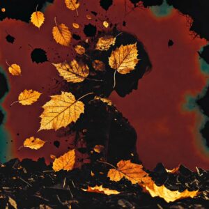 Silhouette of a woman partially dissolving into jagged dark ground, fractured golden leaves falling away into black voids, crimson and black background with faint teal cracks, evoking fragility and erosion.