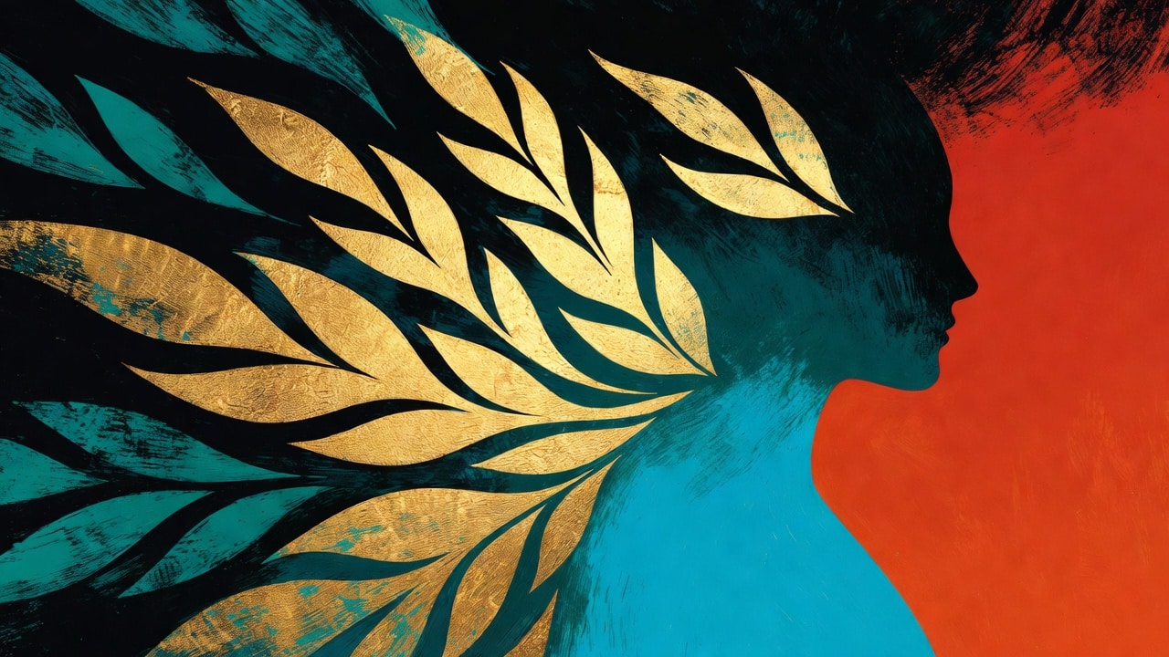 Silhouette of a strong woman rising from dark cracked earth, golden leaves beginning to bloom and glow around her head against a vibrant teal sky, symbolizing emergence and strength.