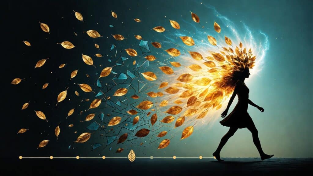 Horizontal progression of a silhouette woman walking from left to right: fractured golden leaves falling on the left, regrowing and connecting in the middle, exploding into a full radiant golden foliage cape on the right, with subtle golden milestone dots along the path, symbolizing step-by-step empowerment and security.