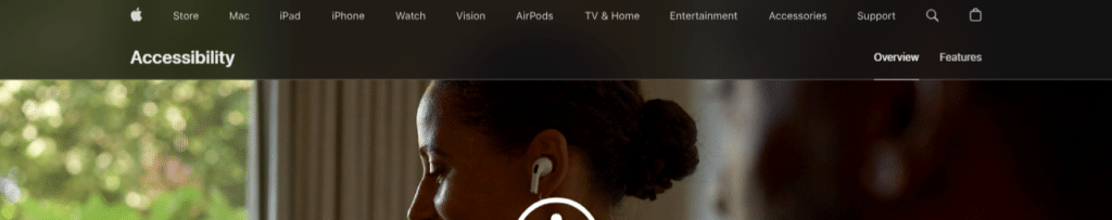 Apple's accessibility page showing high-contrast black text on white background (7:1+ ratio), clear navigation, visible focus indicators, and accessible layout that supports low-vision and keyboard users.