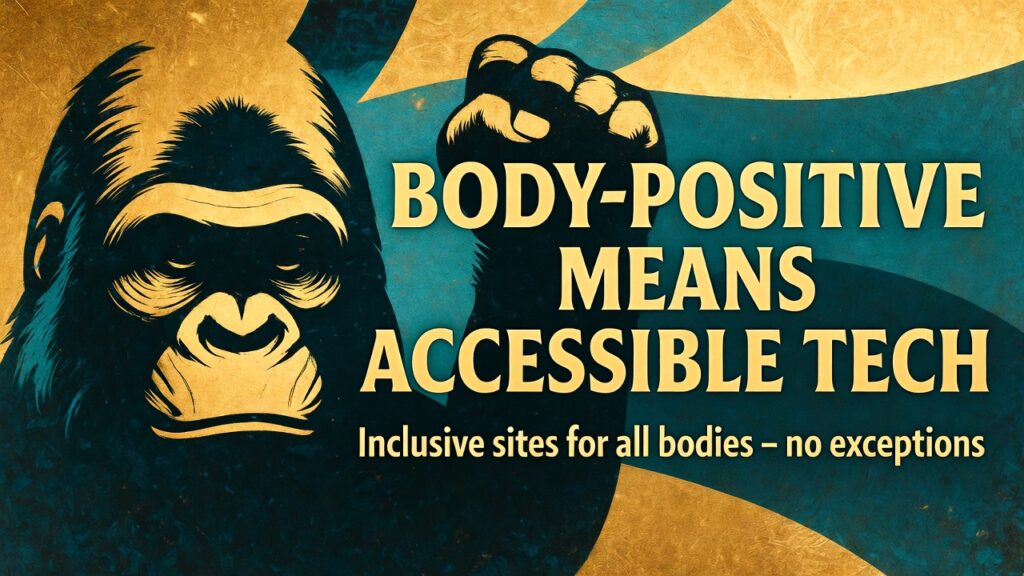 Empowering Guerrilla Girls-style protest poster in gold and teal, gorilla mask with raised fist, bold slogan "BODY-POSITIVE MEANS ACCESSIBLE TECH", subtext "Inclusive sites for all bodies – no exceptions", feminist energy with integrated protest-sign stats, high-contrast and motivational design.