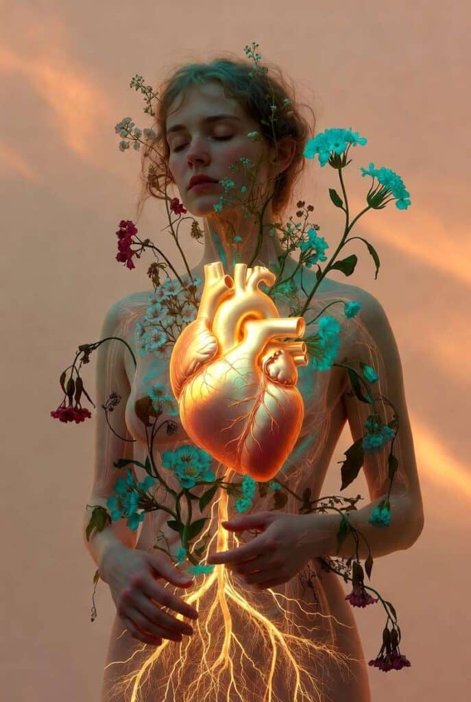 Slender woman with peaceful expression, medical illustration overlay showing golden root system spreading through body and teal flowering vines growing upward from heart, representing burnout's physical pathways and healing potential