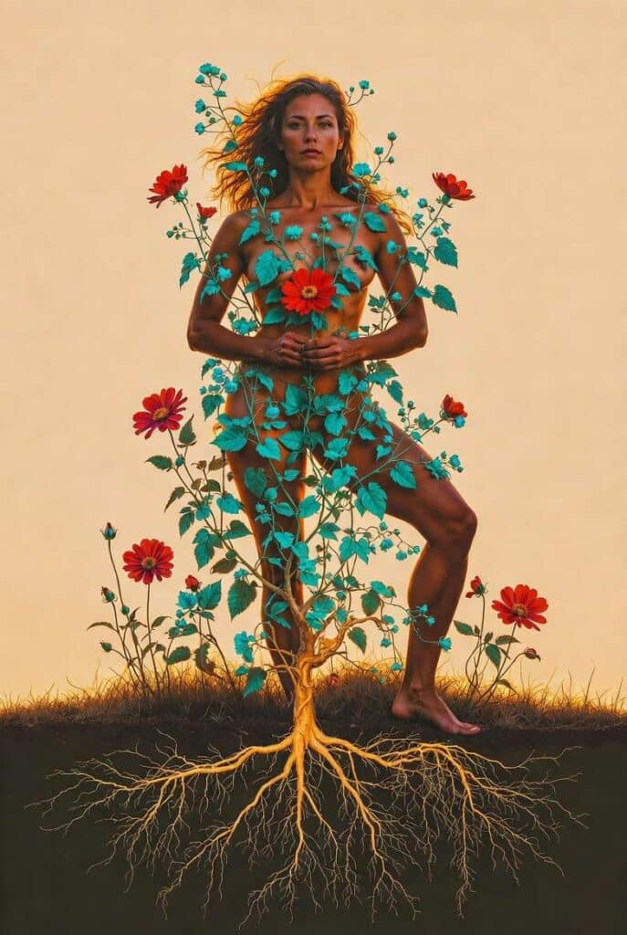 Athletic woman standing in powerful grounded stance with direct empowered gaze, golden roots growing from her feet into earth and teal flowering vines growing upward around her, holding one crimson flower at heart level