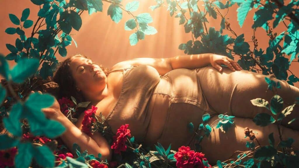 Plus-size woman resting peacefully on her side with closed eyes, surrounded by abundant crimson flowers and botanical growth with dappled golden light filtering through teal leaves overhead