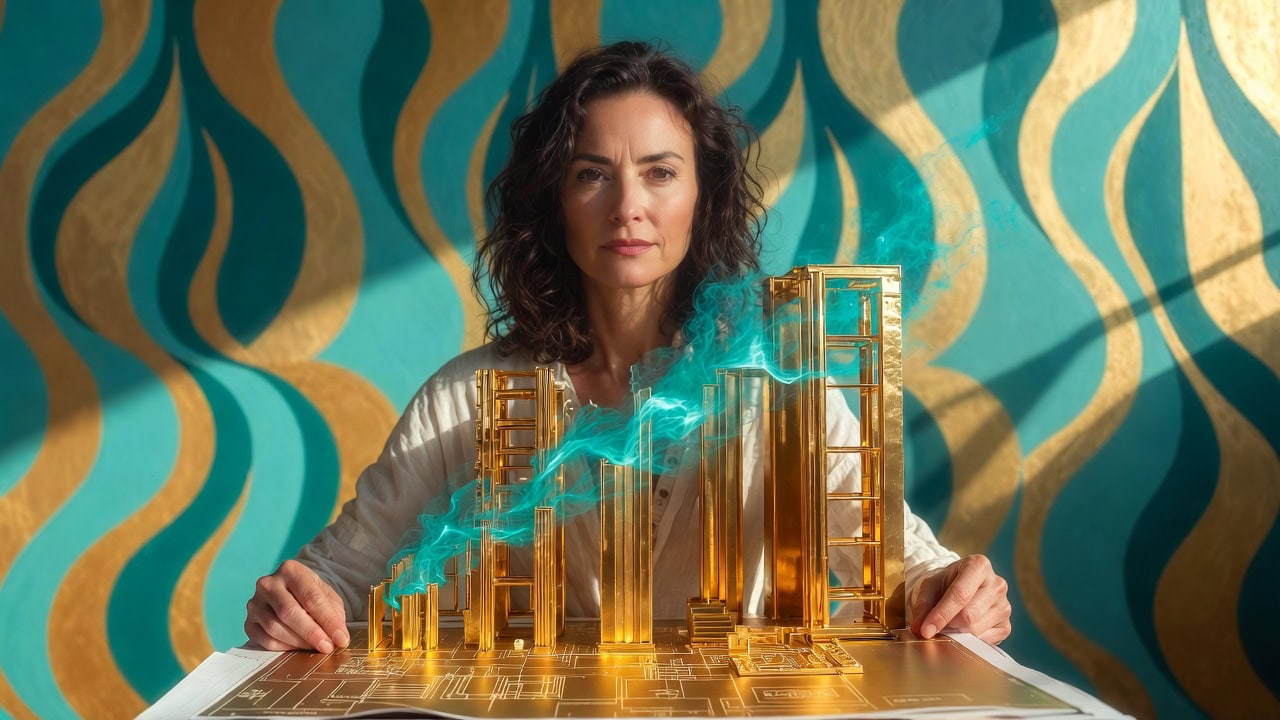 Woman architect examines three-dimensional golden architectural model with circuit board foundation as teal energy flows through the structure, hands positioned on golden blueprint beneath, retro teal and gold wave pattern background