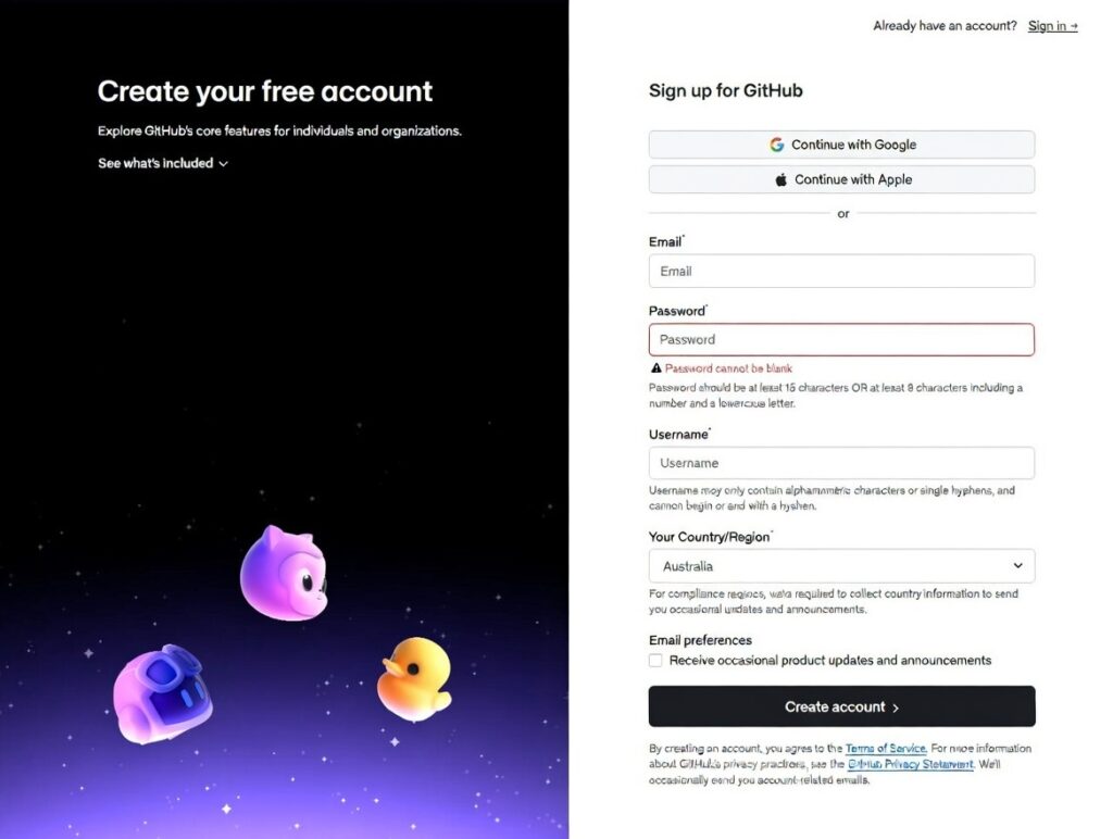 GitHub sign-up form demonstrating accessible design: clearly labeled fields for email, password, username, with high contrast text, visible focus outlines, and ARIA attributes for screen readers.