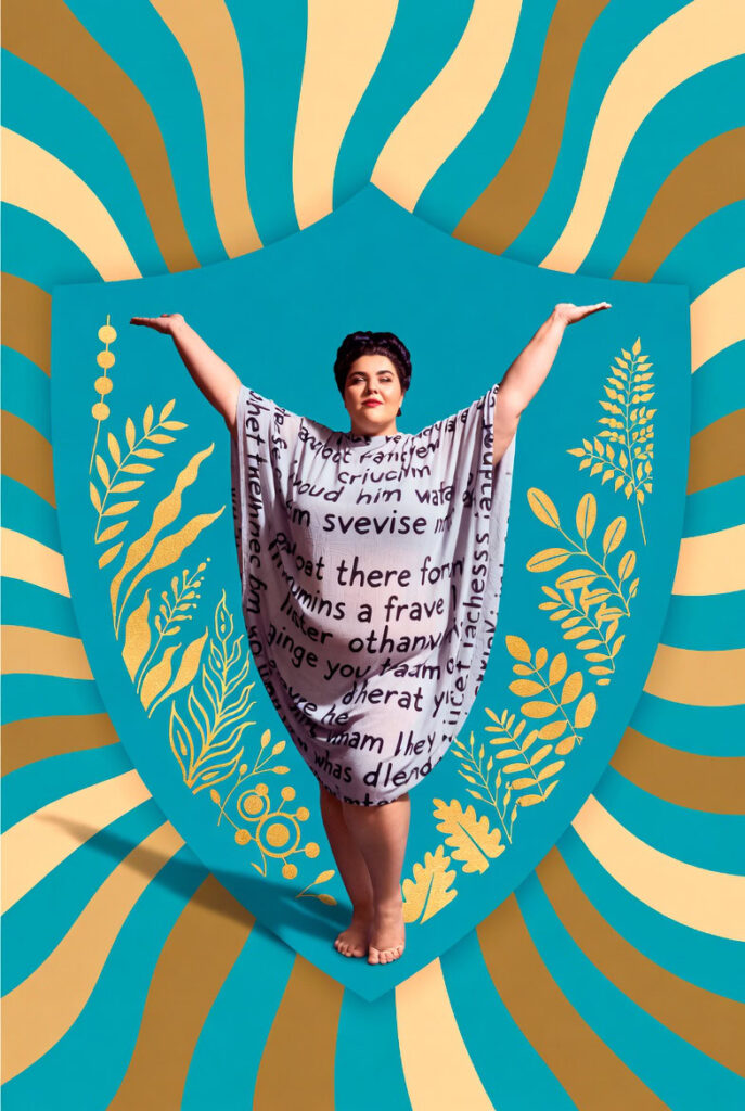 Plus-size woman in text-covered dress stands triumphant with arms raised against teal background with retro gold wave pattern, surrounded by golden botanical elements, celebrating body diversity and presence