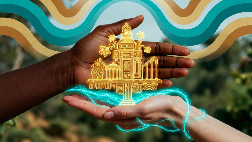 Two hands with different skin tones gently support glowing golden architectural structure together, wrapped in flowing teal energy against retro wave pattern background