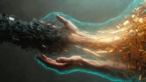 Hands releasing tangled dark tech chaos on left that transforms into organized flowing golden circuit patterns on right, connected by flowing teal energy against atmospheric background