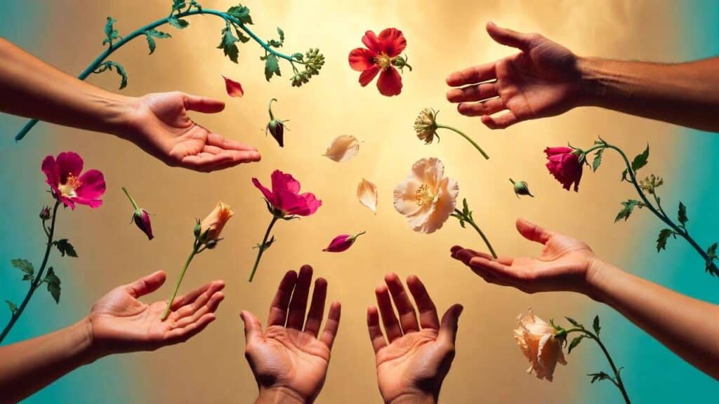 Diverse hands releasing botanical stems mid-air with flowers at various stages of bloom, some 80% bloomed and some in bud, with scattered petals falling gracefully to celebrate imperfection