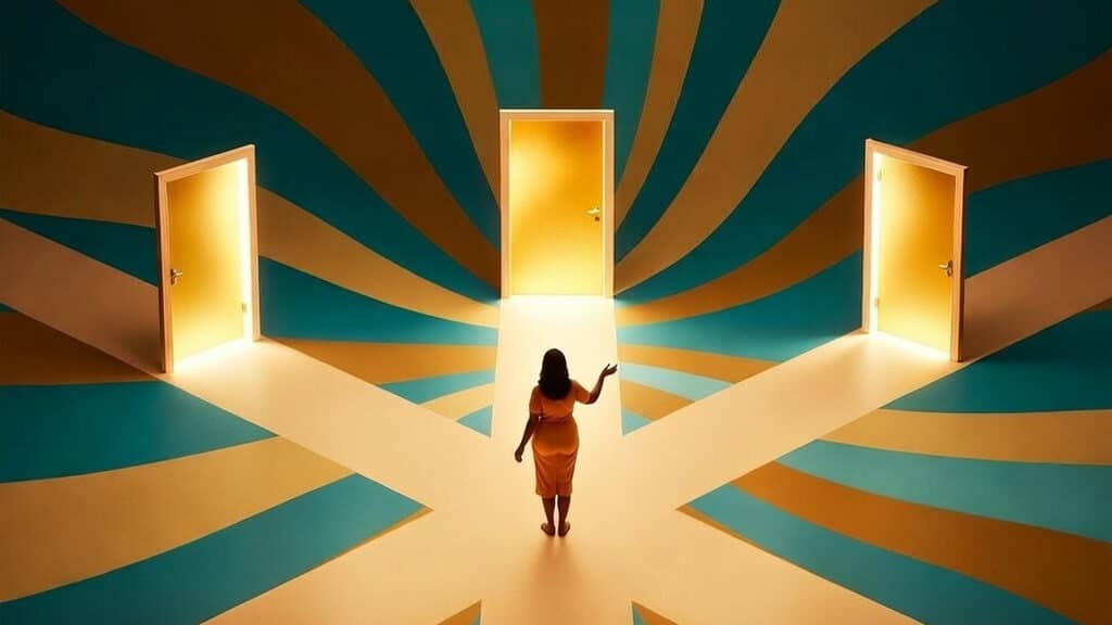 Woman in orange walks toward center doorway of three identical glowing golden doorways, retro teal and gold wave pattern radiating outward, representing choice and possibility