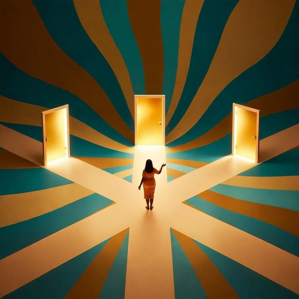 Woman in orange walks toward center doorway of three identical glowing golden doorways, retro teal and gold wave pattern radiating outward, representing choice and possibility