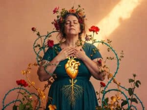 Medium-build woman with hands pressed to heart, eyes closed, with illustrated golden heart symbol on chest and protective circle of thorny vines with crimson flowers blooming between the thorns