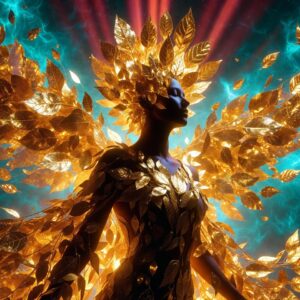 Triumphant silhouette of a woman in 3/4 profile, head and shoulders enveloped by a massive radiant burst of golden leaves forming a protective halo and wings, vibrant teal fading to electric blue and gold background with soft crimson sun rays, conveying joyful strength and rebirth.