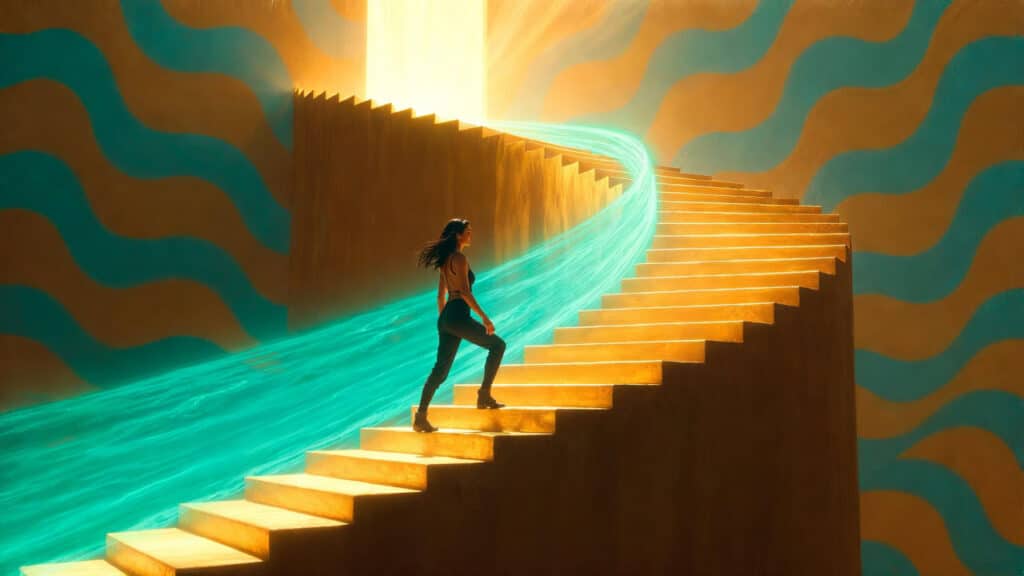Woman ascends golden staircase with flowing teal energy stream alongside her toward bright light at top, retro teal and gold wave pattern background, moment of beginning and forward movement