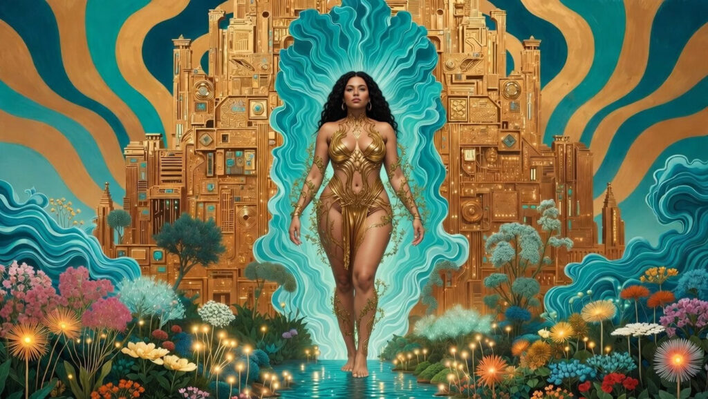 Woman with curvy body in golden tech-inspired clothing stands confidently before massive golden architectural tech structure, surrounded by flowing teal energy waves and vibrant botanical garden with glowing flowers against retro wave pattern background