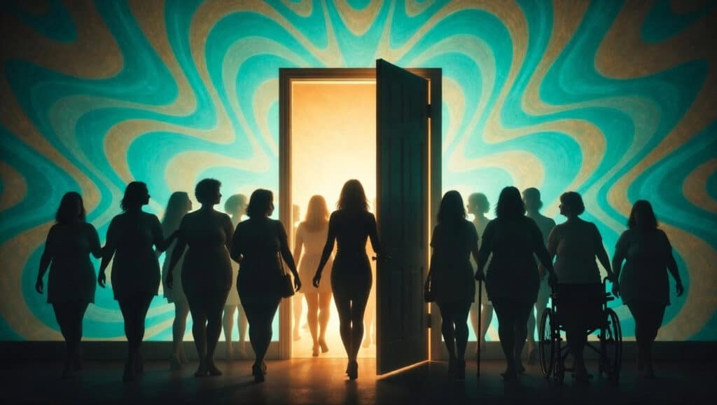 Diverse group of women with varied body types including wheelchair user walk toward open golden doorway together, silhouetted against warm light with retro teal and gold psychedelic wave pattern behind them