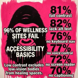 Feminist protest poster in Guerrilla Girls style on bright magenta background with black gorilla mask, bold slogan "96% OF WELLNESS SITES FAIL ACCESSIBILITY BASICS", subtext "Low contrast excludes low-vision bodies from healing spaces", stats like 81% fail contrast in dripping paint graffiti, angry and empowering energy.
