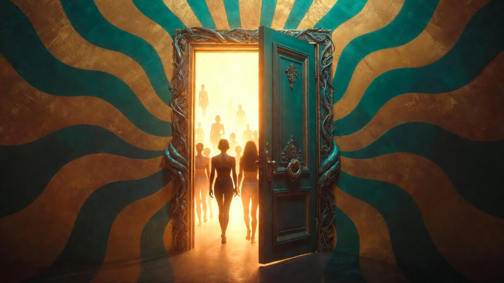 Diverse group of women walking forward through ornate teal and golden doorway into warm glowing light, with retro wave pattern radiating behind them, invitation to join community