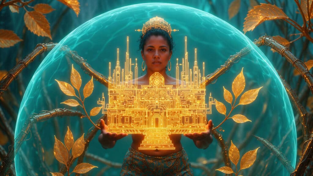 Woman with confident gaze holds glowing golden tech structure in her hands, surrounded by protective teal energy shield and golden leaves against retro wave pattern background