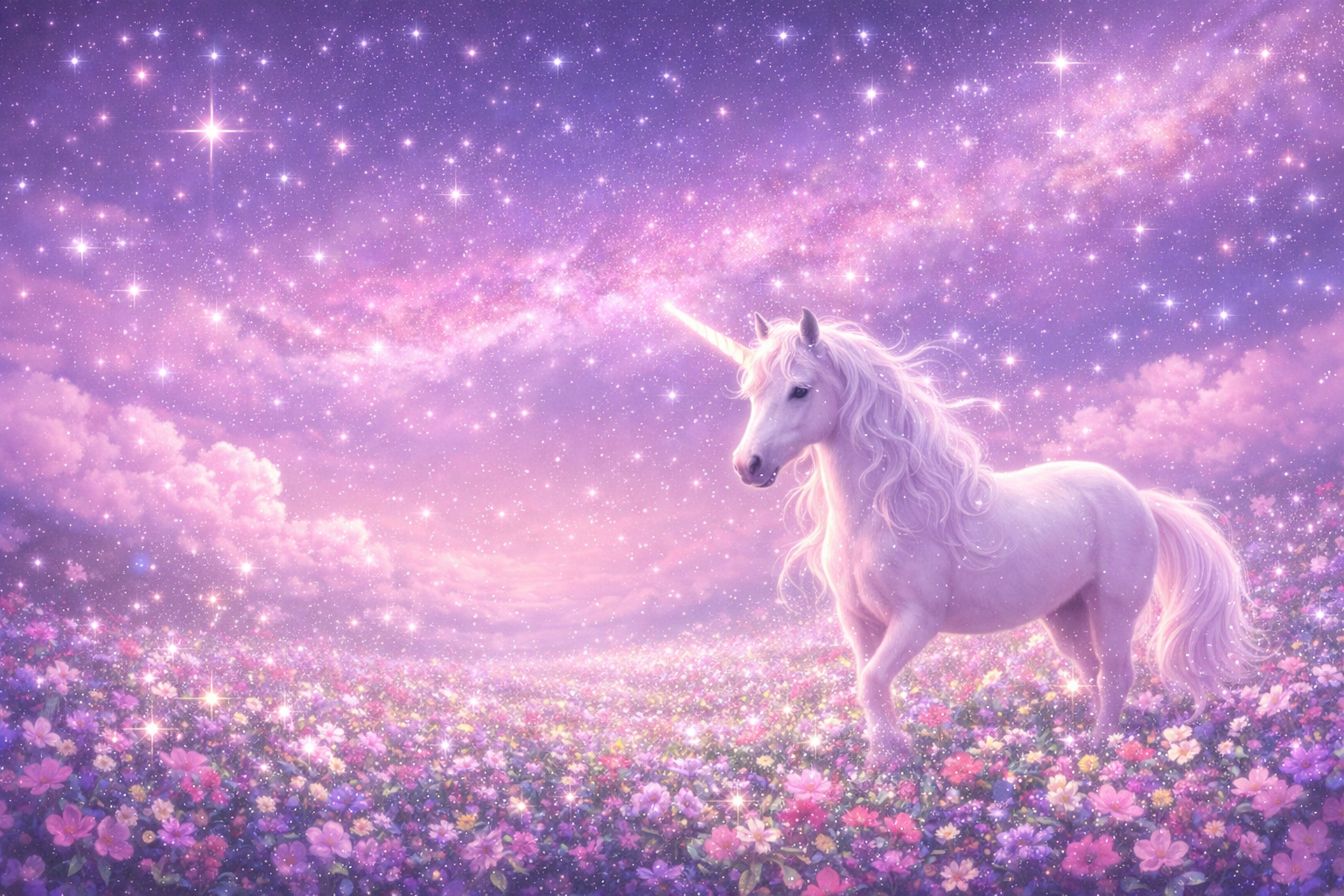 Magical unicorn in flower field at night