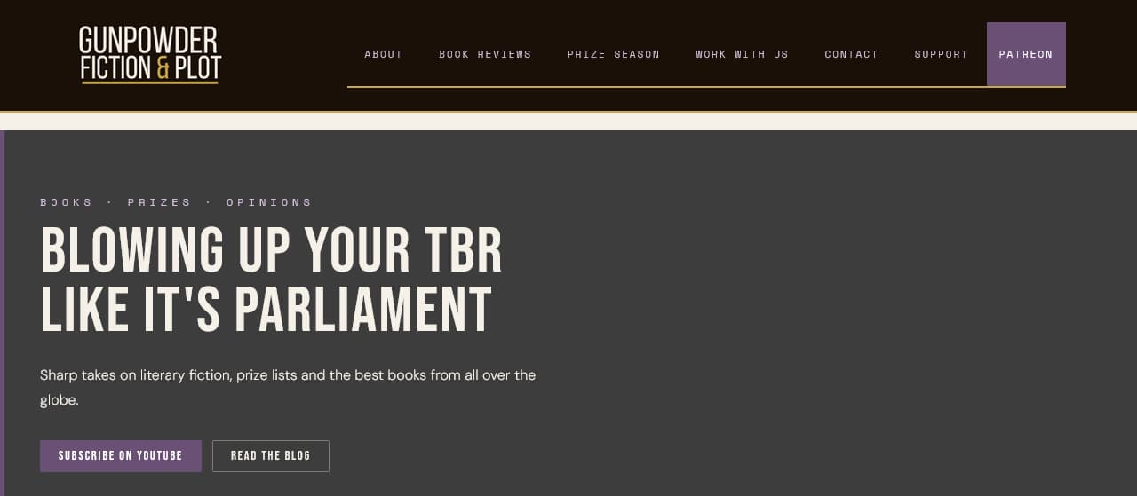 Gunpowder Fiction and Plot website — dark broadsheet editorial design with large bold heading reading Blowing Up Your TBR Like Its Parliament