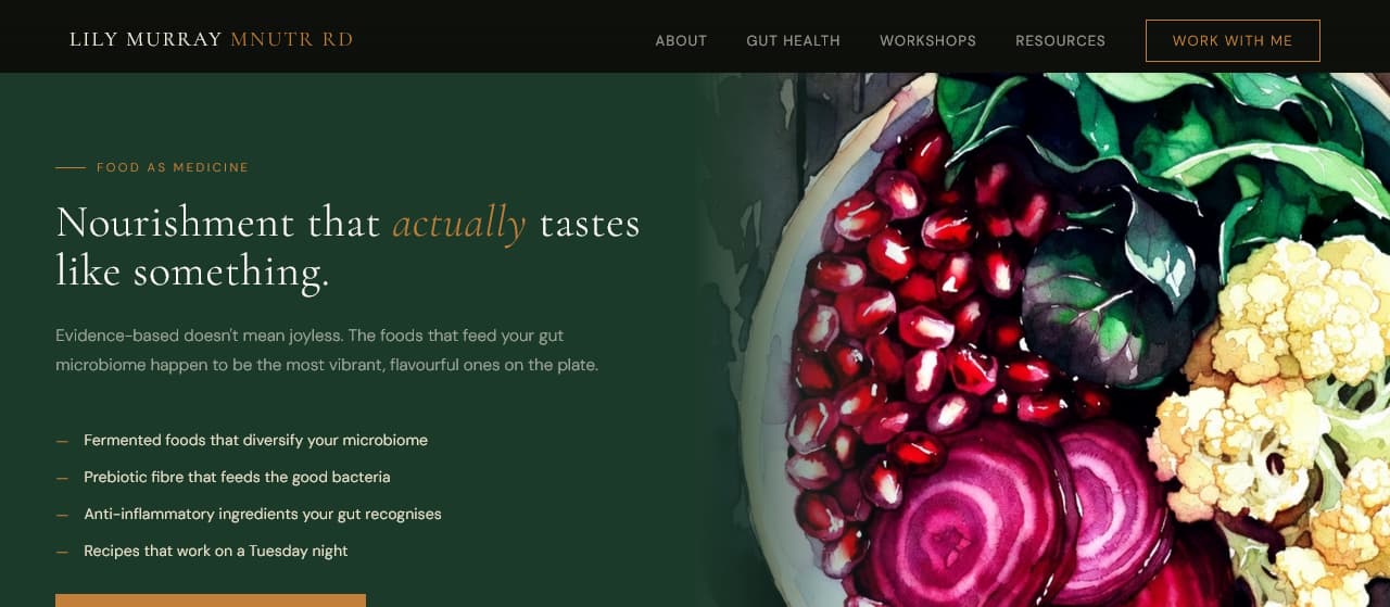 Lily Murray gut health dietitian website — dark green editorial layout with watercolour food illustration showing pomegranate, beetroot and cauliflower
